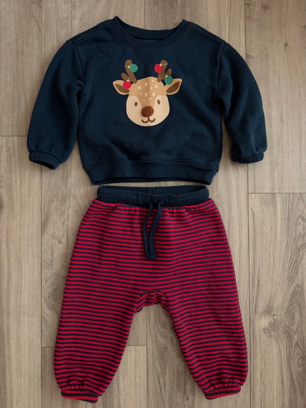 Carter's Navy Sweatshirt and Red Stripe Joggers Set - Reindeer Graphic